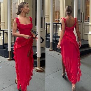 HOUSE OF CB 'Ariela' Cherry Ruffle Maxi Dress red NWOT size‎ M